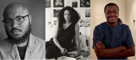 Headshots of artists Abraham O. Oghobase, Mallory Lowe Mpoka and Moridja Kitenge Banza